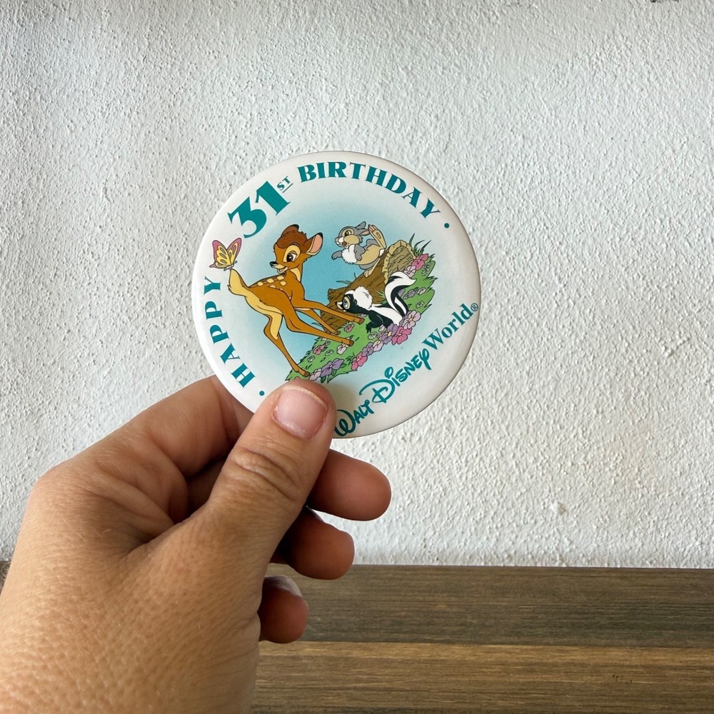 Vintage Walt Disney World 31st Birthday Bambi Thumper Flower 3" Pinback Button